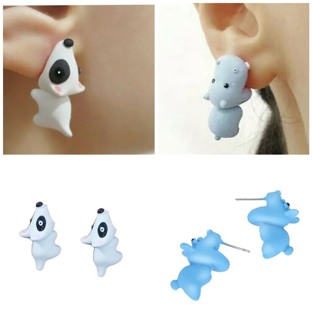 Cute Animal Bite Earrings - Set Of 2 Dog & Hippo NWT